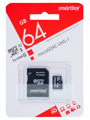 Карта памяти MicroSDHC 64GB Smartbuy UHS-I Class 10 c SD адаптер
