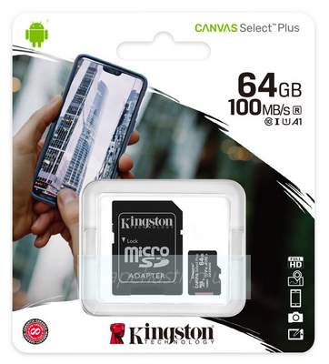 Карта памяти MicroSDXC 64GB Class 10 Kingston Canvas Select Plus A1 100MB/s + SD адаптер