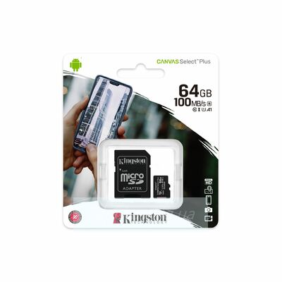 Карта памяти MicroSDHC 64GB microSDXC Class10 Kingston <SDCS2/64GB> Class10 UHS-I Canvas Select up to 100MB/s с адапт.