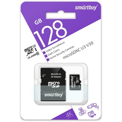Карта памяти MicroSDXC 128GB Class 10 Smartbuy U3 V30 A1 + SD адаптер