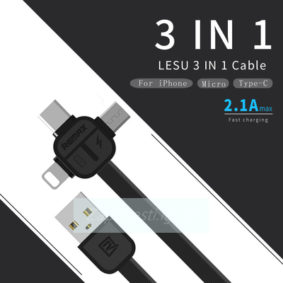 USB кабель Remax Lesu RC-066TH (3 в1 lightning+micro-USB+Type-C) (черный)
