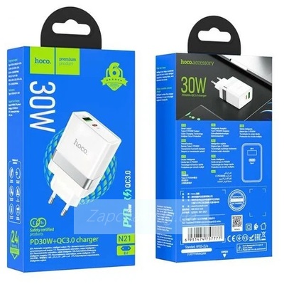 СЗУ Hoco N21 ( USB/Type-C 30W, QС3.0, PD) Белый