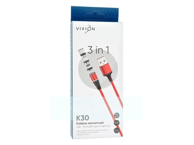 Кабель USB VIXION (K30) Lightning/micro/type-c (1м) магнитный (красный)