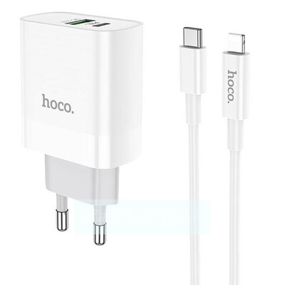 СЗУ HOCO C80A (1-USB 18W/1-PD 20W) + Type-C to Lightning кабель (белый)