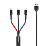 Кабель XO NB54 -3 в 1 (Lightning + MicroUSB + Type-C) (3A, оплетка ткань, 1,2 м) Черный