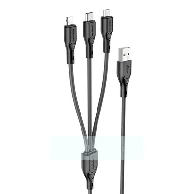 Кабель Borofone BX66 - 3 в 1 (Lightning + MicroUSB + Type-C) (2A, наносиликон, 1 м) Черный