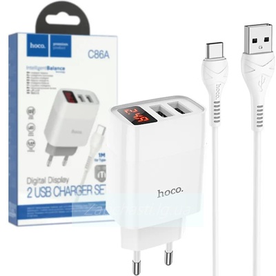 СЗУ HOCO C86A Illustrious (2-USB/2.4A) + Type-C кабель (1м) с дисплеем (белый)
